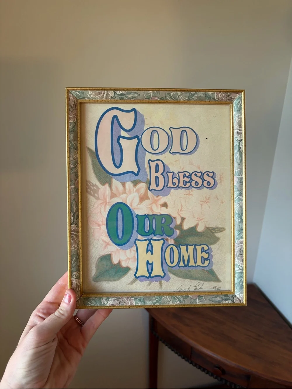 God Bless Our Home Framed Christian Floral Print in Vintage Frame